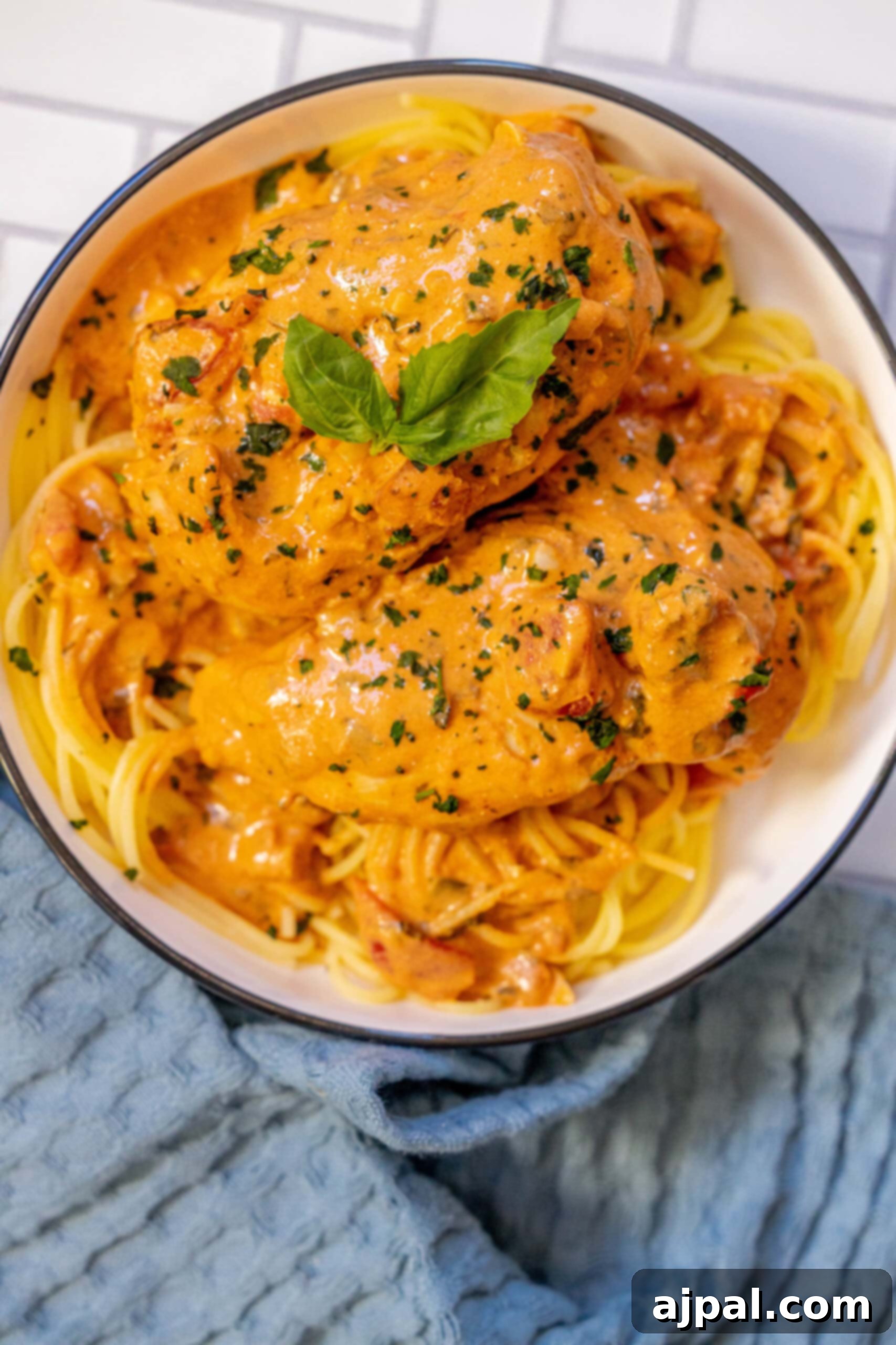 A slow cooker tomato basil chicken recipe served with spaghetti in a red sauce.