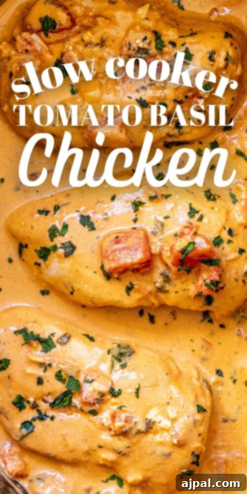 picture of creamy tomato basil chicken in a slow cooker