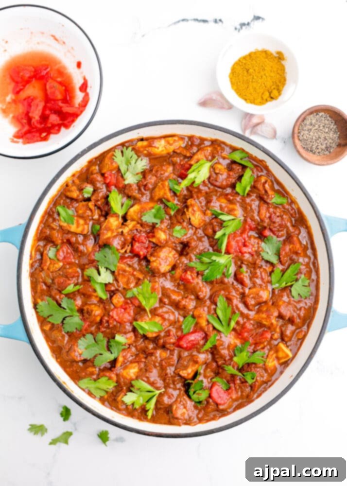 A perfectly cooked Madras curry, with tender chicken and a thick, vibrant sauce, simmering gently in a pan.