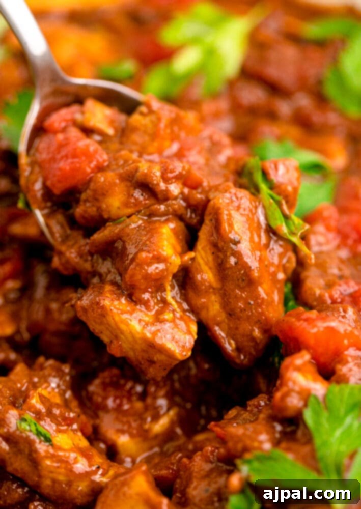A rich, red Chicken Madras Curry simmering in a pan, ready to be served, with a spoon resting in the flavorful sauce.