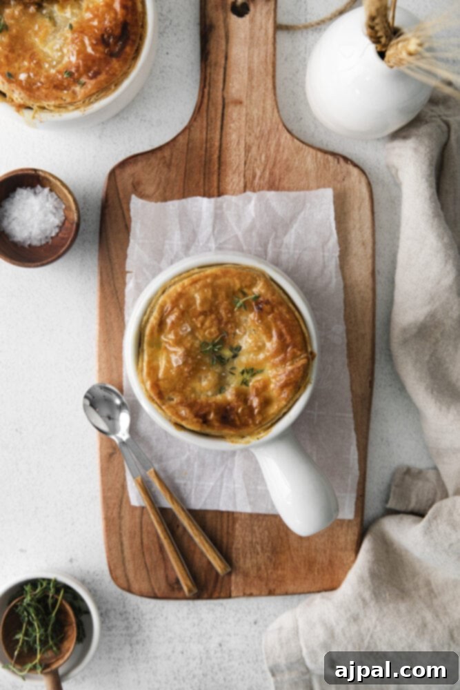 A delectable individual chicken pot pie in a white ramekin, garnished with fresh thyme, resting on a rustic wooden cutting board.