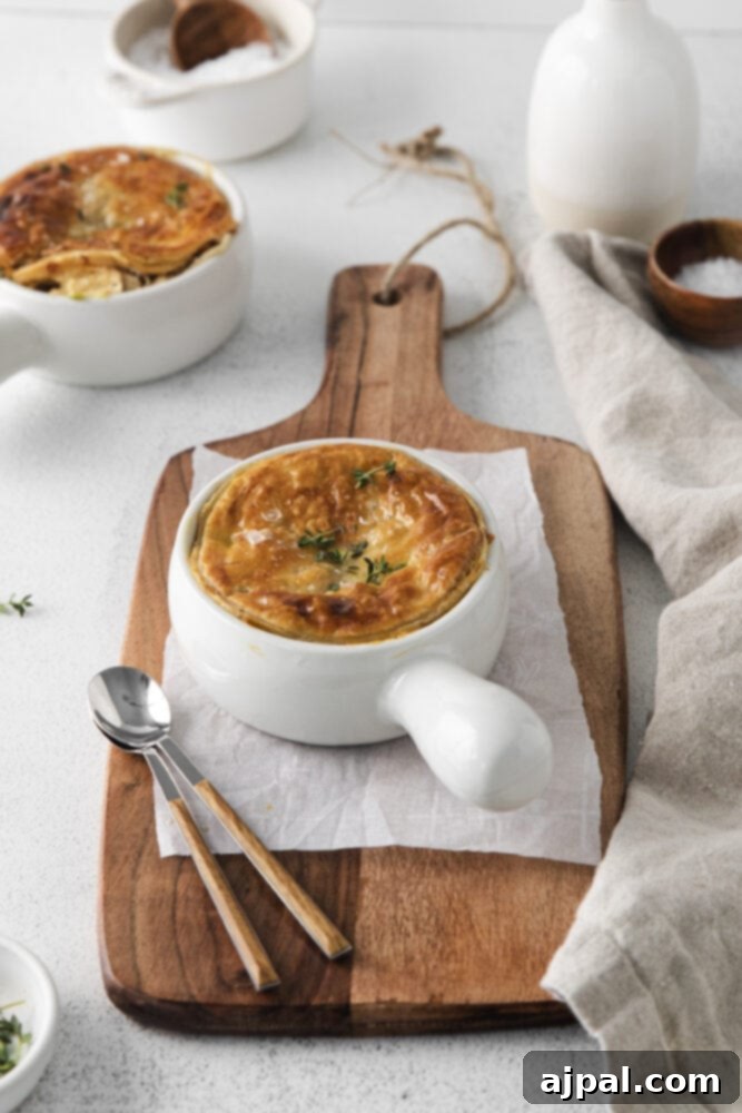 Two enticing individual chicken pot pies, perfectly baked in white ramekins, rest on a rustic wooden cutting board.