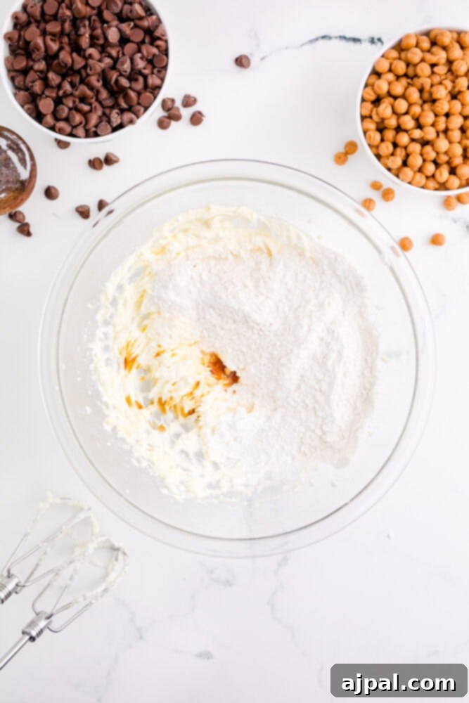 picture of cookie dough ingredients in a bowl, before mixing.