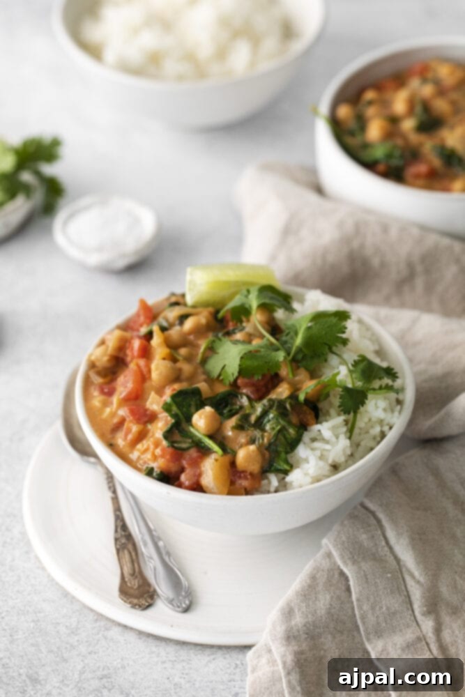 A vibrant bowl of vegan chickpea curry served with fluffy white rice, garnished with fresh cilantro and a wedge of lime, showcasing its rich, creamy texture and inviting colors.