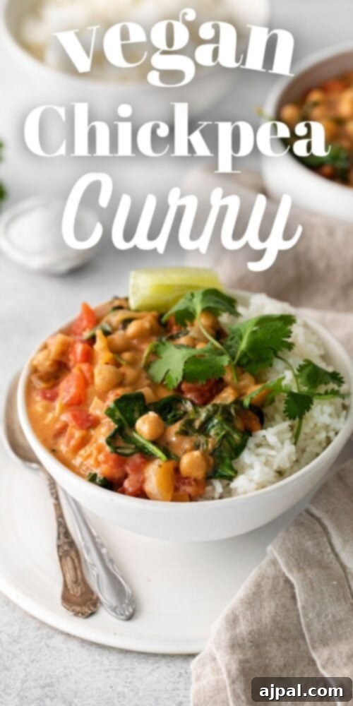 A close-up shot of a bowl of vegan chickpea curry, showcasing its rich texture and appetizing presentation on a white plate.