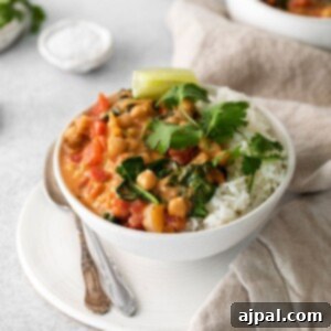 picture of vegan chickpea curry in a bowl with rice, a slice of lime, and cilantro on top