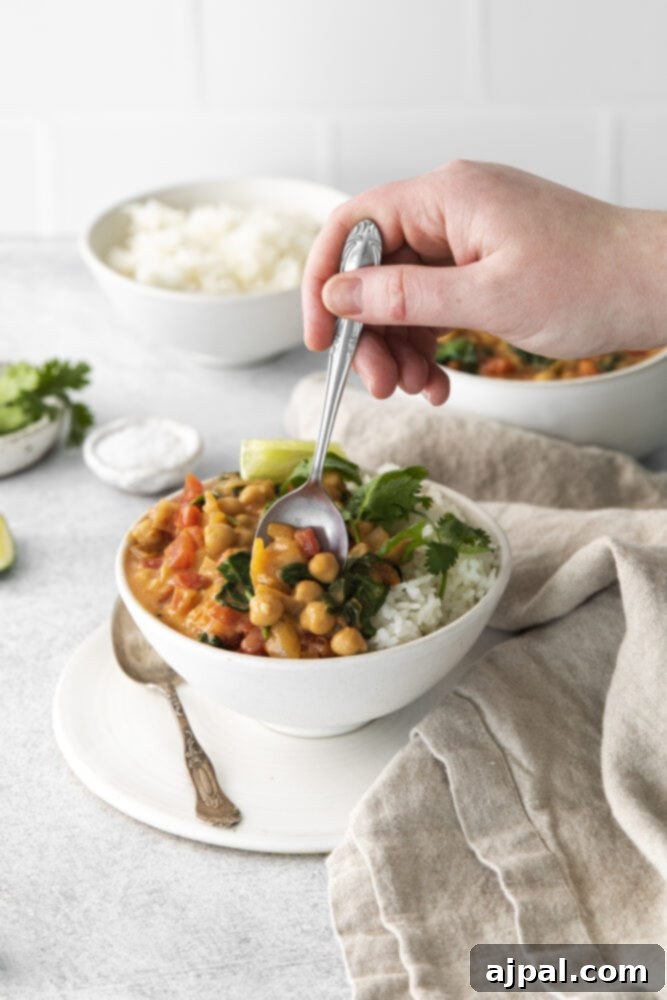 A hand holding a bowl of freshly prepared vegan chickpea curry, showcasing its rich texture and vibrant colors, ready to be eaten.
