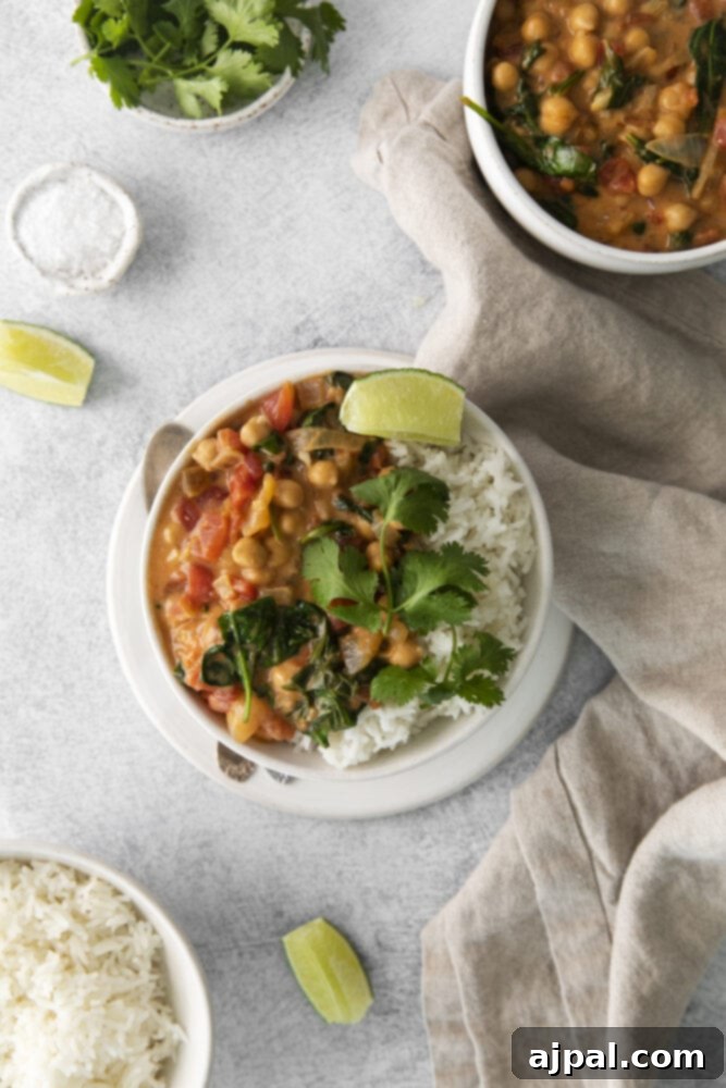 A beautifully arranged bowl of vegan chickpea curry and rice on a rustic table, highlighting its appeal as a satisfying and wholesome meal.