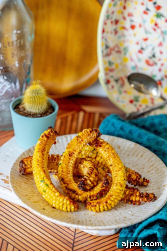 Grilled corn on the cob on a plate cooked with an air fryer, showcasing its golden char and delicious appearance.