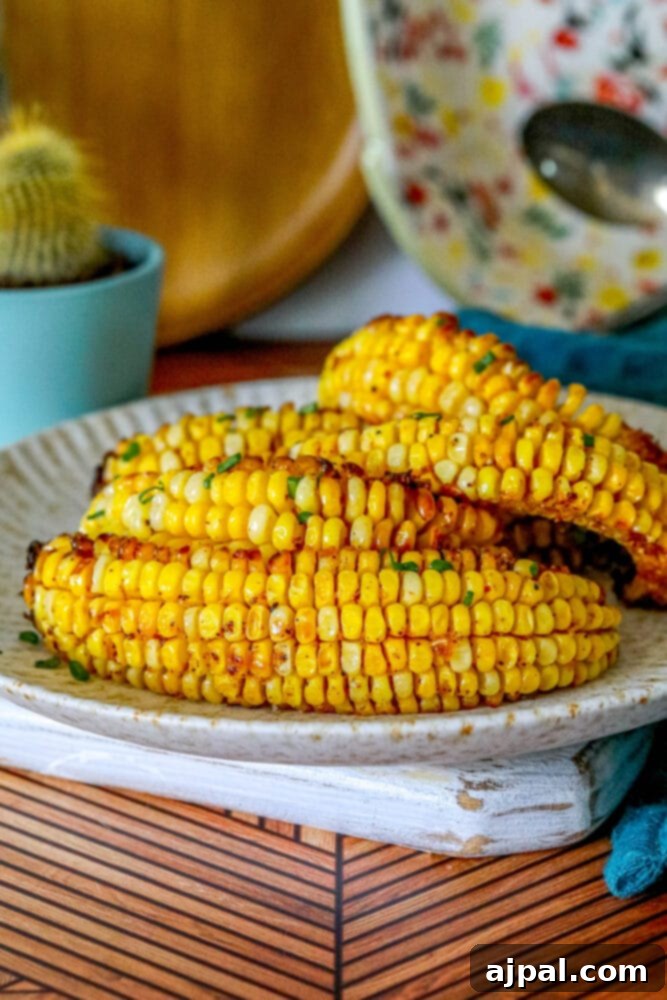 Grilled corn ribs served on a plate with vibrant garnishes, showcasing their unique spiral shape after air frying.