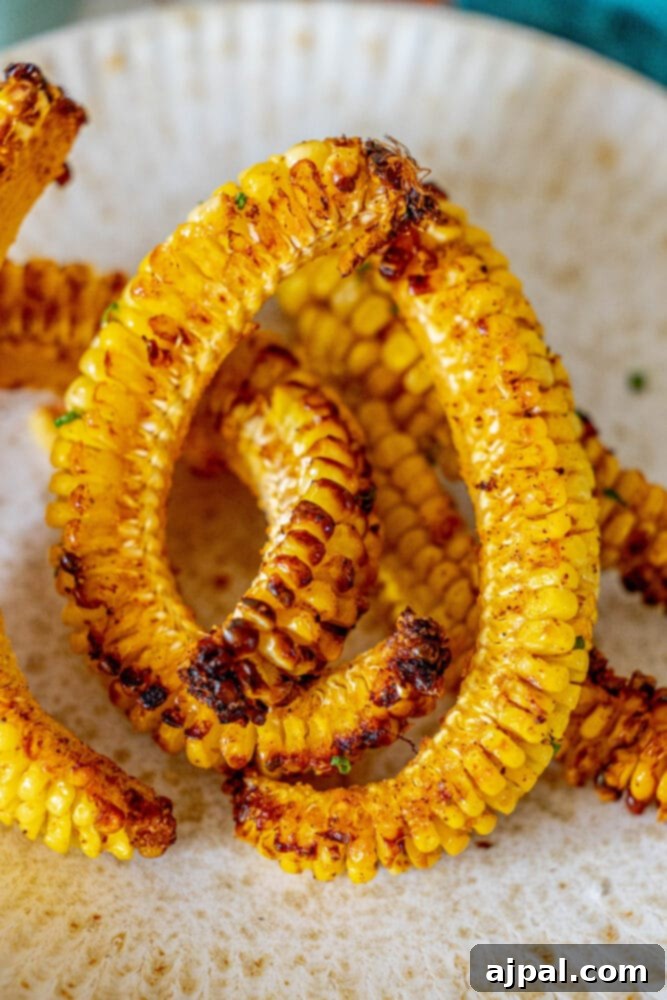 Vegan air fryer corn ribs served on a clean white plate, garnished with fresh herbs and a squeeze of lime.