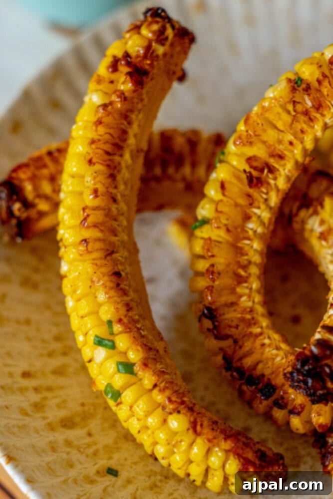 Air fried corn ribs perfectly arranged on a serving plate, displaying their golden char and enticing spiral shape.