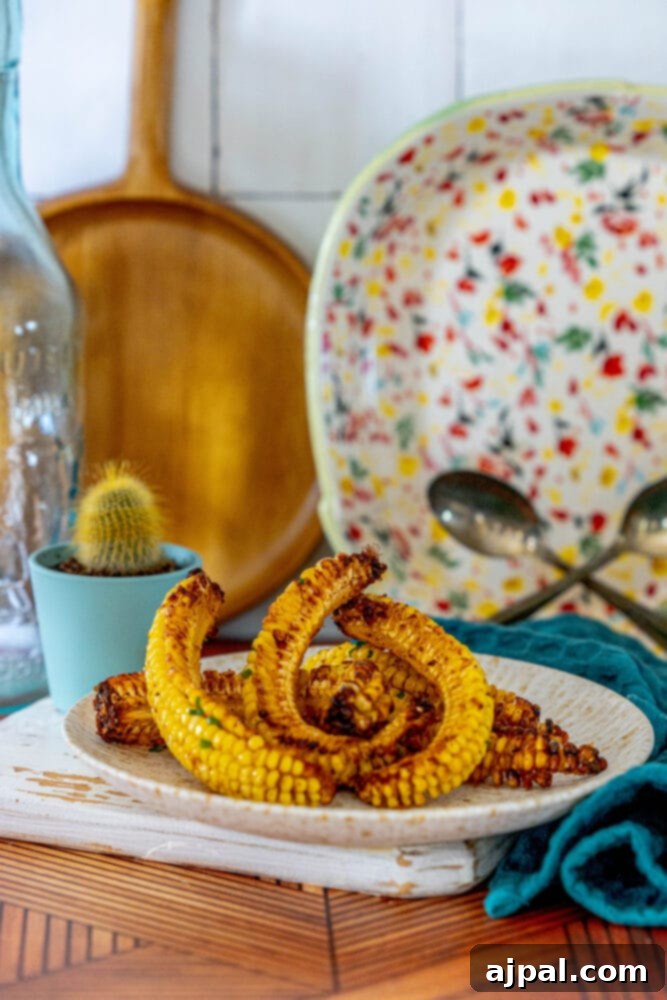 Vegan air fried corn ribs on a plate with lime wedges and cilantro garnish, ready for serving.
