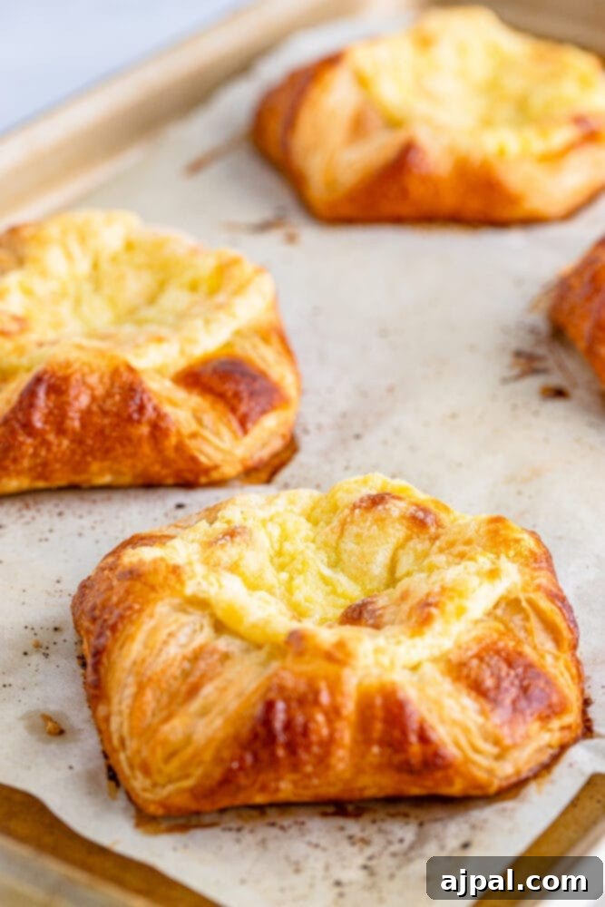 Freshly baked cheese danish with a golden-brown crust and bubbling cheese filling.