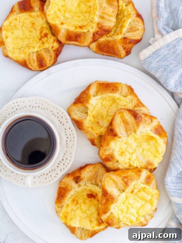 A close-up of a golden-brown cheese danish with a rich, creamy filling, served on a plate next to a cup of coffee, inviting a delightful breakfast experience.