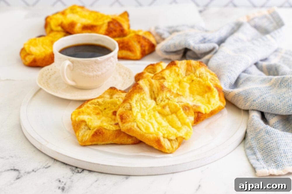 A freshly baked cheese danish with a flaky crust and creamy filling, presented on a plate next to a cup of coffee, ready for a cozy breakfast.