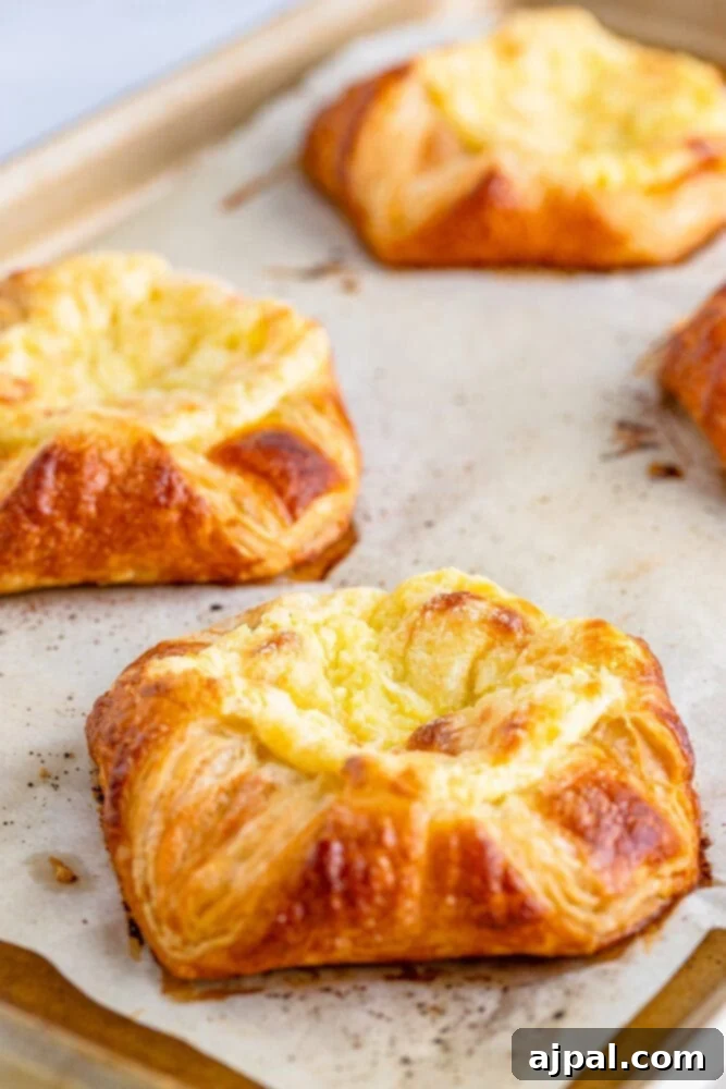 A freshly baked, golden-brown cheese danish on a plate, highlighting its flaky layers and creamy filling, suggesting a delightful texture.