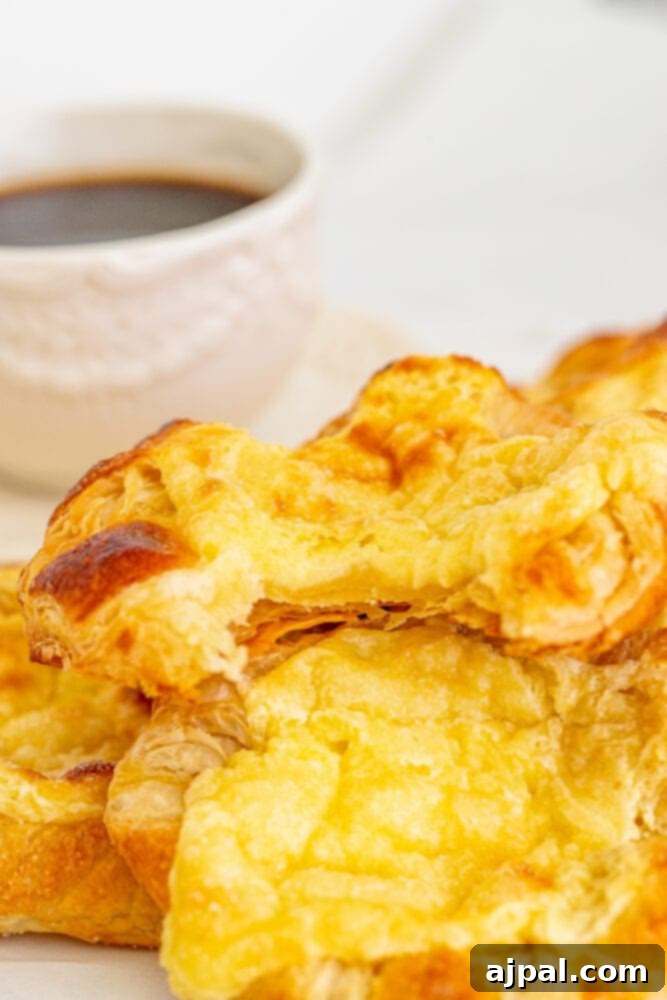 Two golden-brown cheese danishes on a plate next to a cup of coffee, ready to be enjoyed as a delightful breakfast.