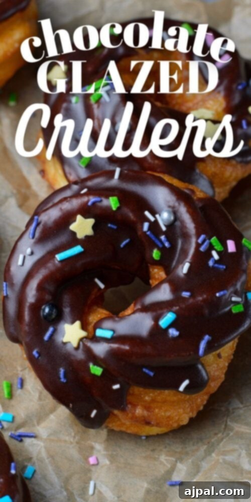 picture of cruller donut with chocolate glaze and sprinkles