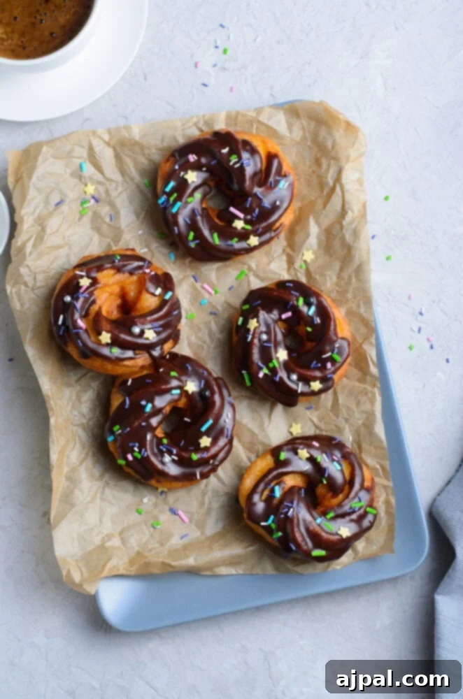picture of cruller donut with chocolate glaze and sprinkles
