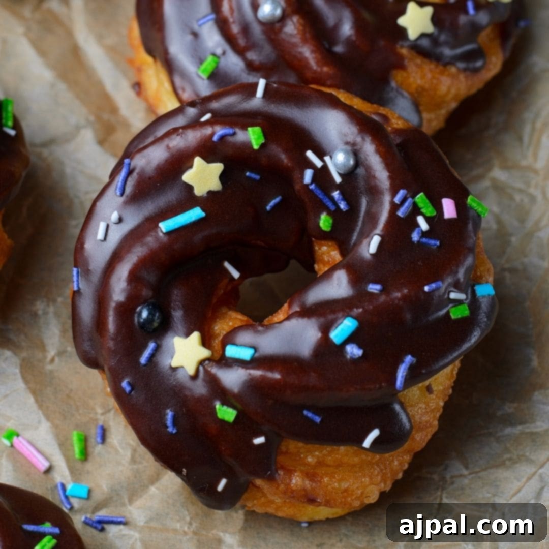 picture of cruller donut with chocolate glaze and sprinkles