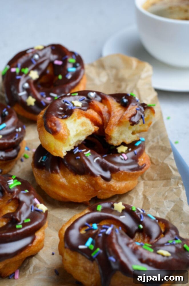 picture of cruller donut with chocolate glaze and sprinkles