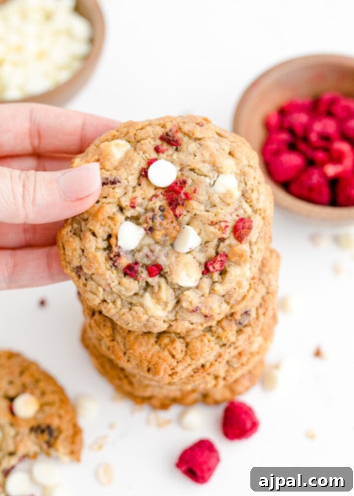 A hand holding a freshly baked white chocolate raspberry oatmeal cookie, with a stack of cookies and a bowl of fresh raspberries blurred in the background.