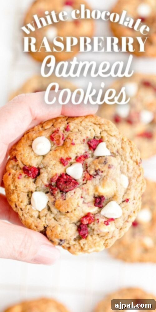 A hand holding a perfectly baked white chocolate raspberry oatmeal cookie, showcasing its vibrant inclusions and soft texture.