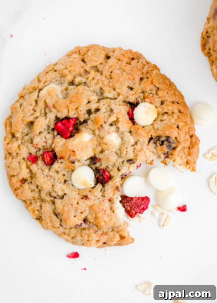A delicious white chocolate chip raspberry oatmeal cookie with a bite taken out, revealing its soft, chewy interior filled with melty white chocolate and vibrant raspberry jam. Loose white chocolate chips are scattered around the cookie.