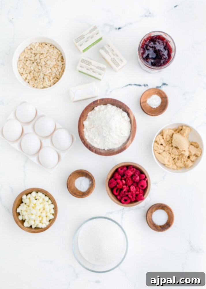 Various cookie ingredients, including sugars, butter, eggs, and oats, arranged on a rustic wooden table, ready for baking.