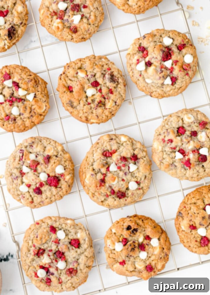 Freshly baked white chocolate raspberry oatmeal cookies cooling on a wire rack, steam gently rising.