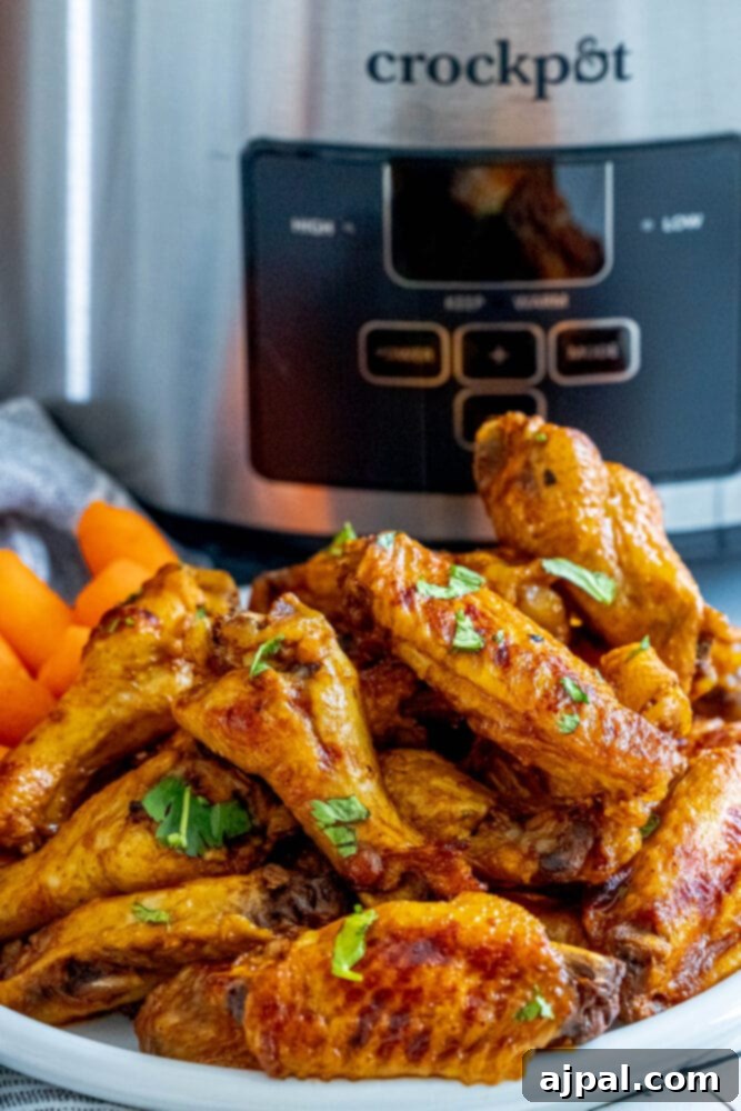 Smoky Tinga Slow Cooker Wings 3 Close-up of Slow Cooker Tinga Chicken Wings served on a white plate next to a slow cooker.