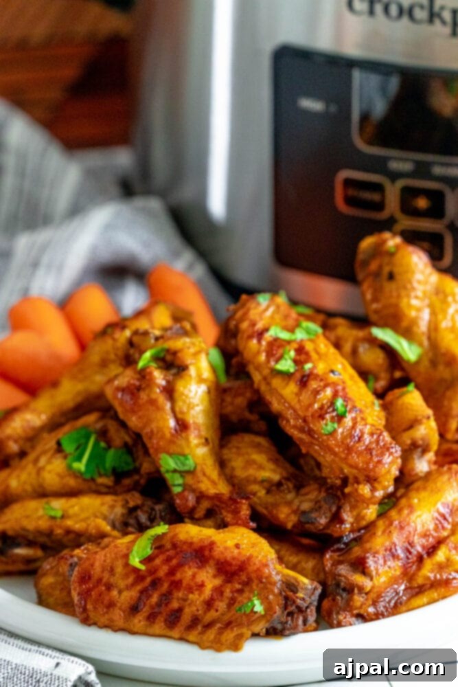Smoky Tinga Slow Cooker Wings 7 A serving of Slow Cooker Chicken Tinga Wings on a white plate, with a slow cooker in the background, ready to be enjoyed.