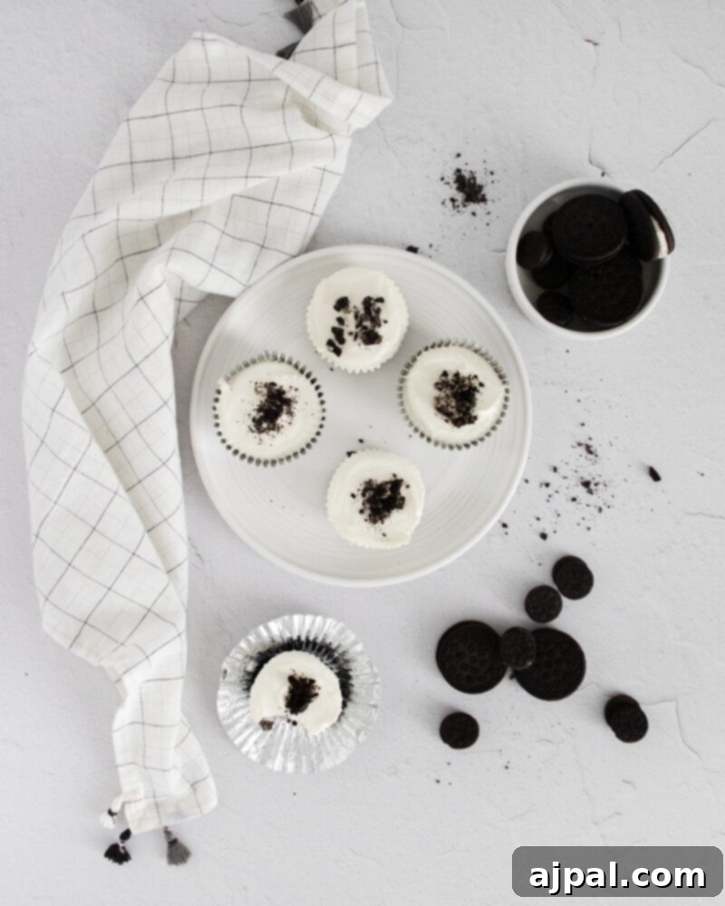 Easy No Bake Oreo Cheesecake 2 picture of no bake oreo cheesecakes on a white plate
