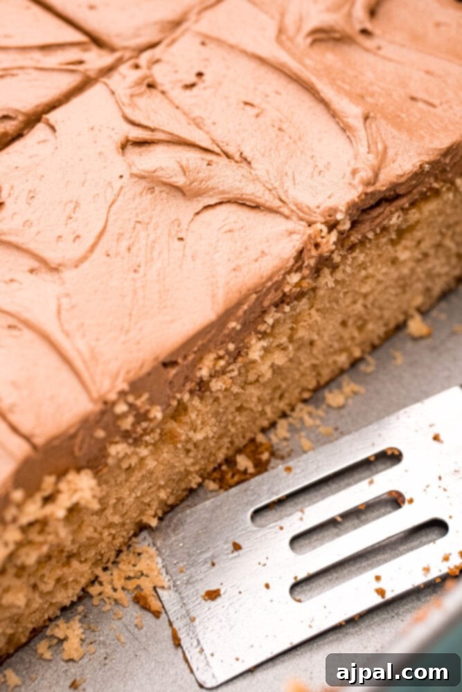 Ultimate Peanut Butter Cake 11 A generous slice of peanut butter cake served with a fork directly from the baking pan, highlighting its homemade charm.