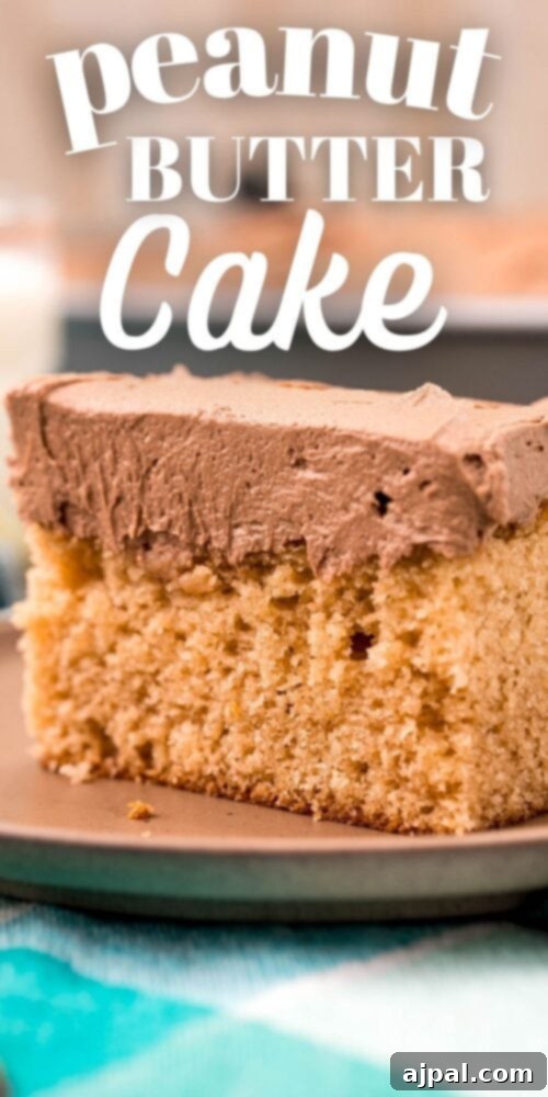 Ultimate Peanut Butter Cake 13 A delightful slice of rich peanut butter cake, perfectly frosted, on a white plate.