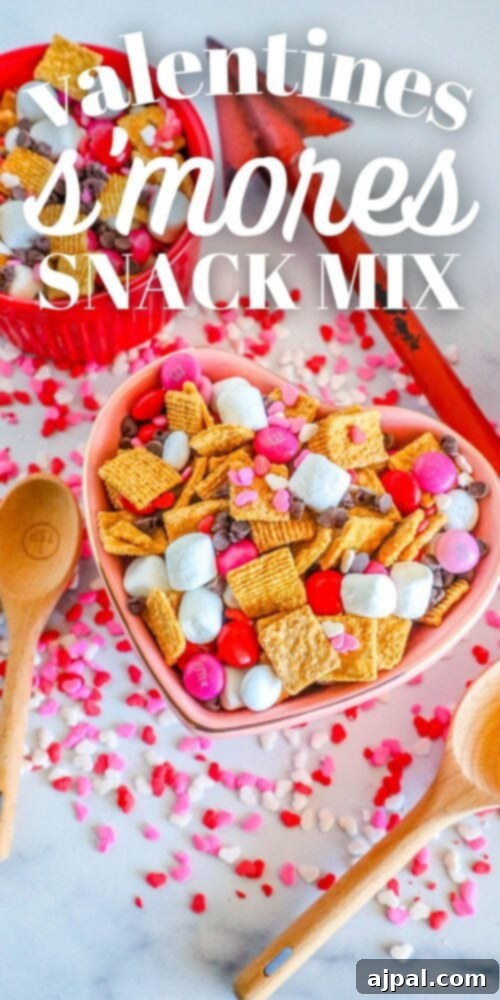 Valentine Smores Snack Mix 11 Promotional image for Valentine's S'mores Snack Mix, displaying the finished product with text overlay.