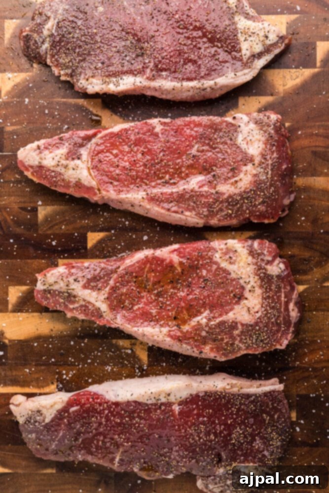 Two New York Strip steaks generously seasoned with salt and pepper, resting on a wooden cutting board.