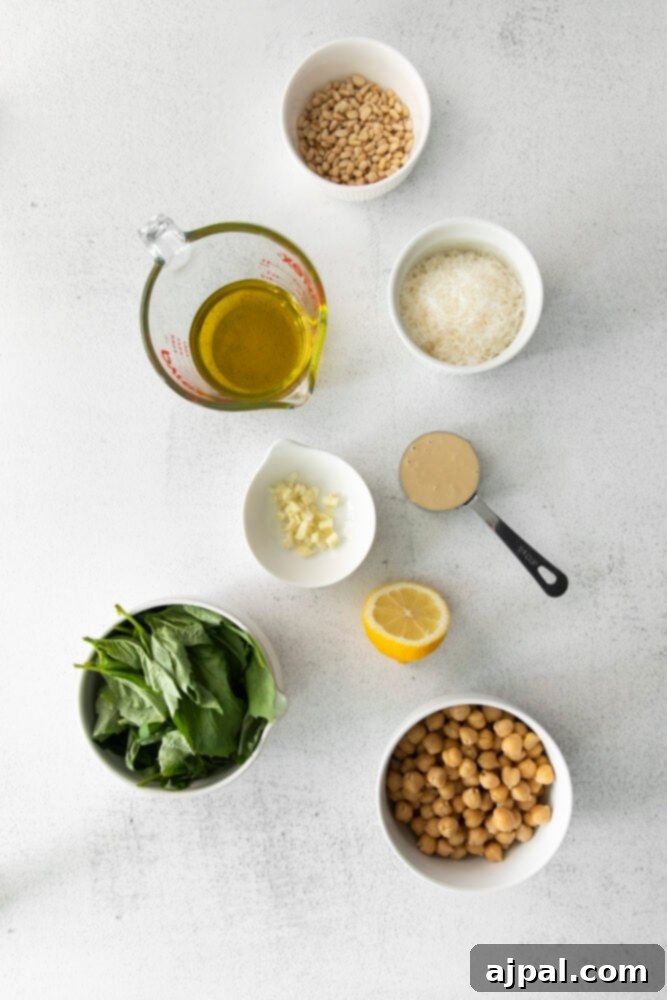 Vibrant Pesto Hummus 4 picture of pesto hummus ingredients on a table