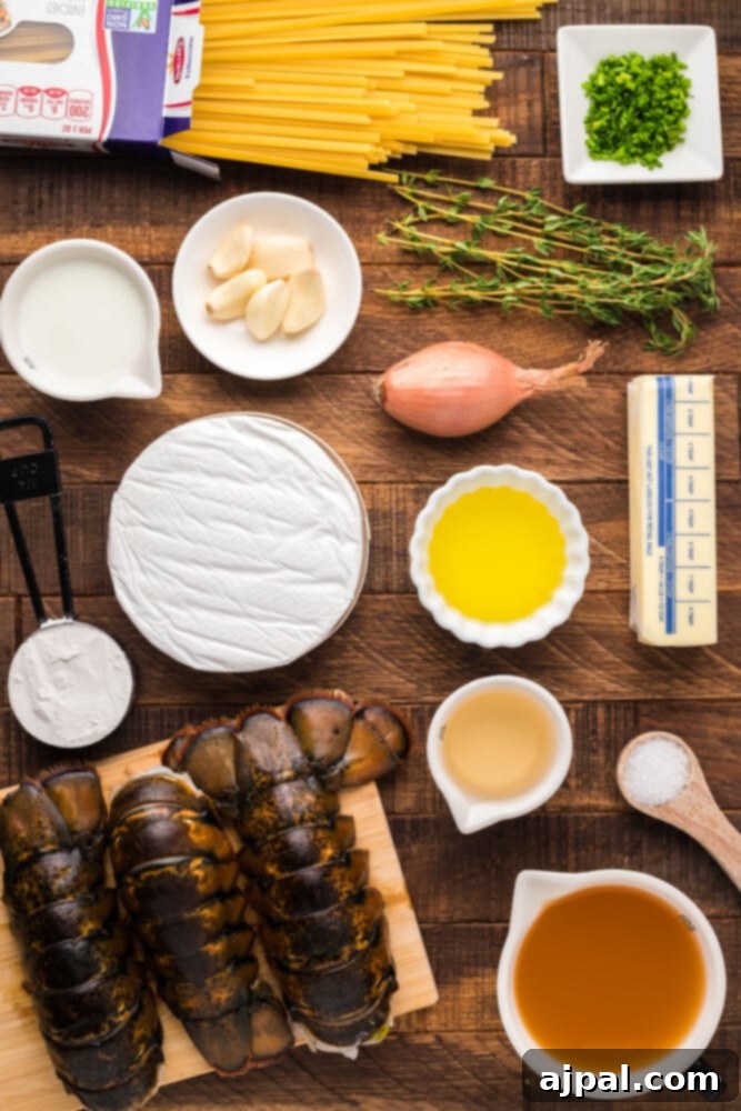 Instant Pot Creamy Lobster Brie Pasta 4 Close-up shot of all the fresh ingredients for Instant Pot Lobster Brie Pasta laid out on a table, including lobster tails, fresh herbs, cheese, and pasta.