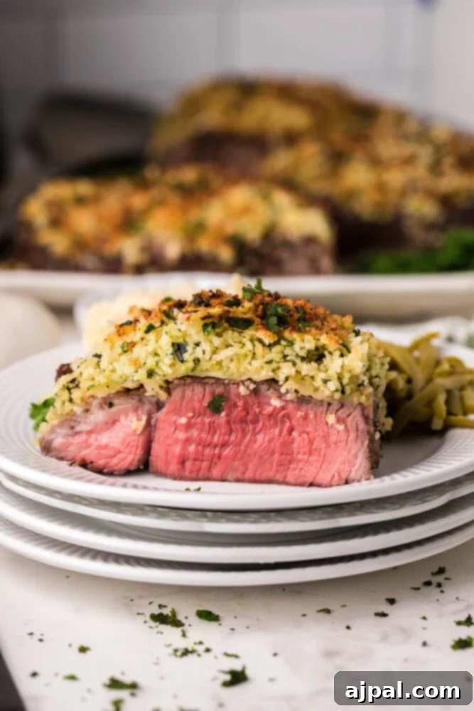 A perfectly cooked steak with a golden Parmesan crust, served on a plate with fresh green beans.