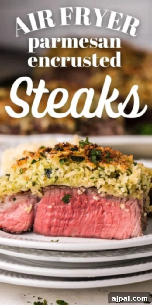 Air Fryer Longhorn Style Parmesan Crusted Steak 18 picture of parmesan encrusted steak on a white plate in front of an air fryer