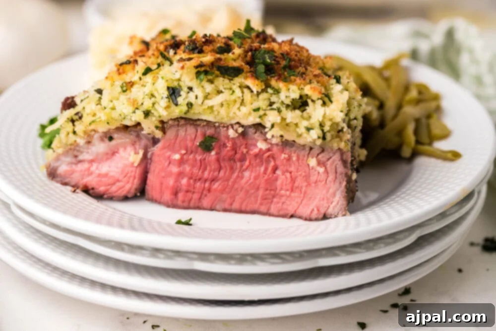 Air Fryer Longhorn Style Parmesan Crusted Steak 4 picture of steak with parmesan crust on top on a plate