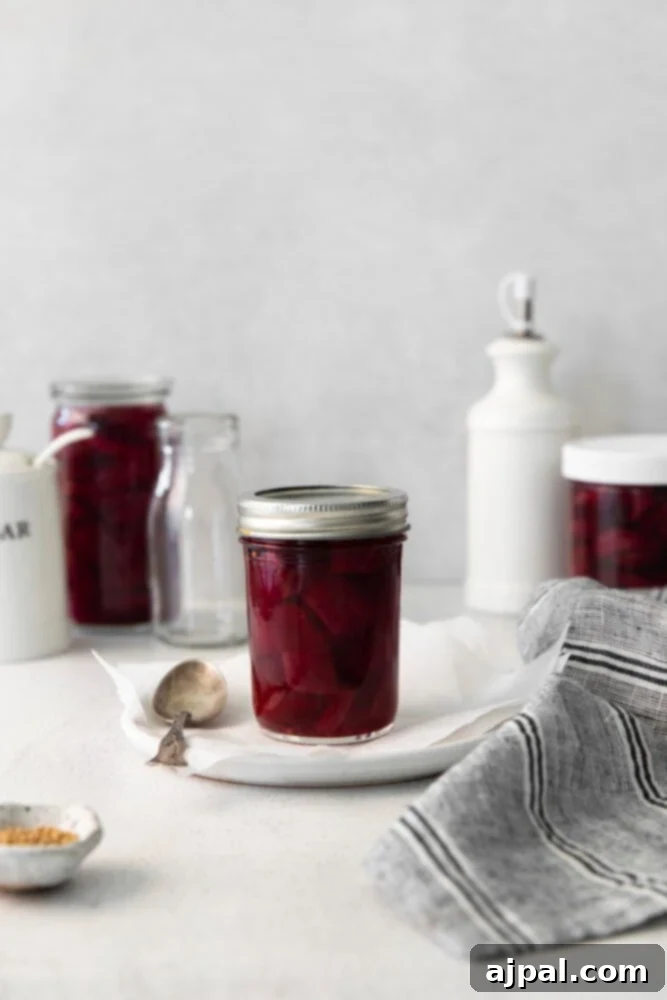 A serving of beet relish or jam on a white plate with a spoon, offering a glimpse of the texture of pickled beets.