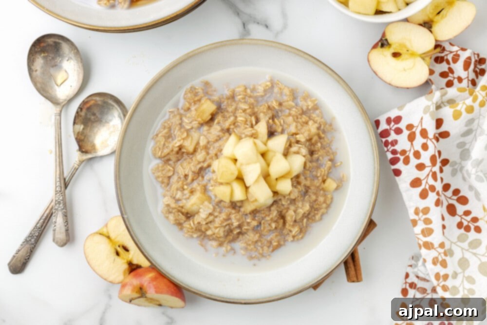 Apple cinnamon oatmeal in a bowl with spoons and apples around the bowl, ready to be served.