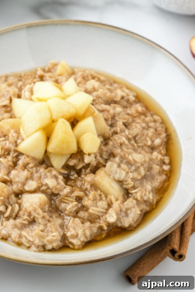 Close-up shot of apple cinnamon oatmeal in a bowl, showcasing its creamy texture and apple chunks.