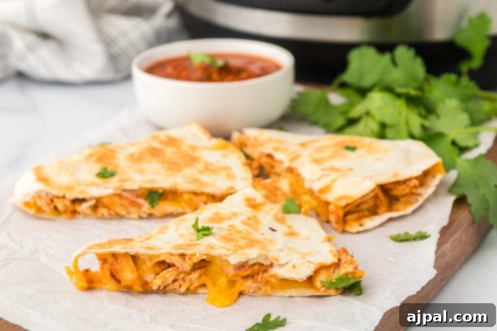 Close-up of golden-brown chicken quesadillas with melted cheese, ready to be enjoyed