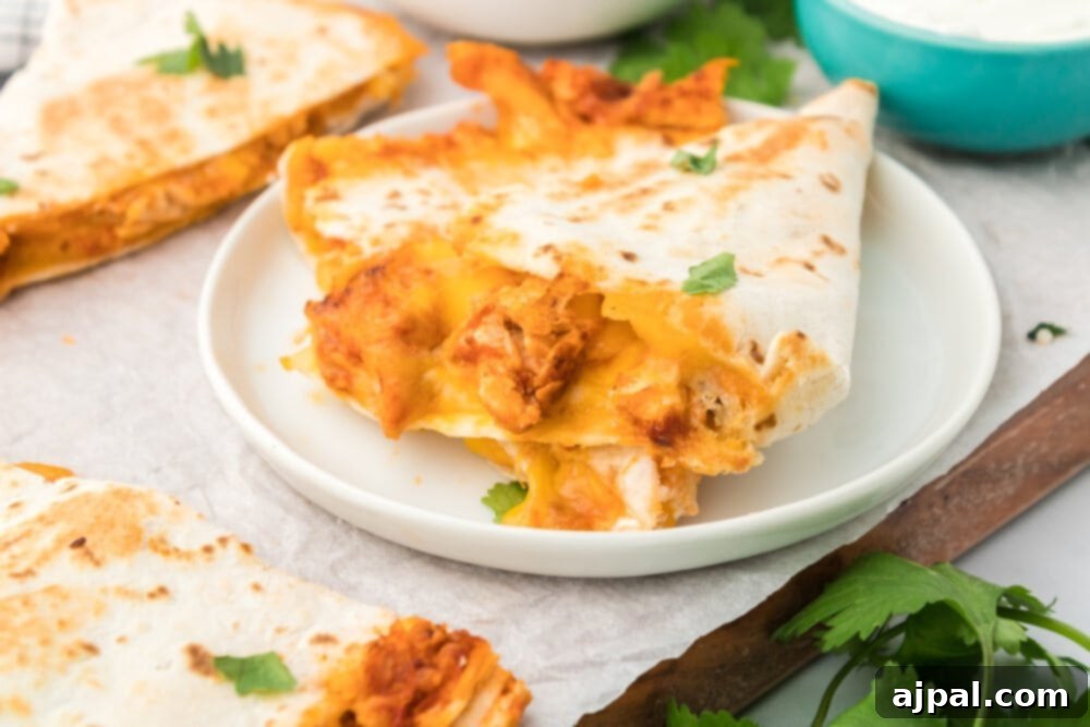 A beautifully arranged plate of chicken quesadillas with an Instant Pot in the background