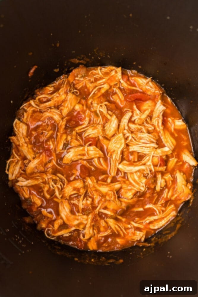 Shredded cooked chicken mixed with salsa in an Instant Pot