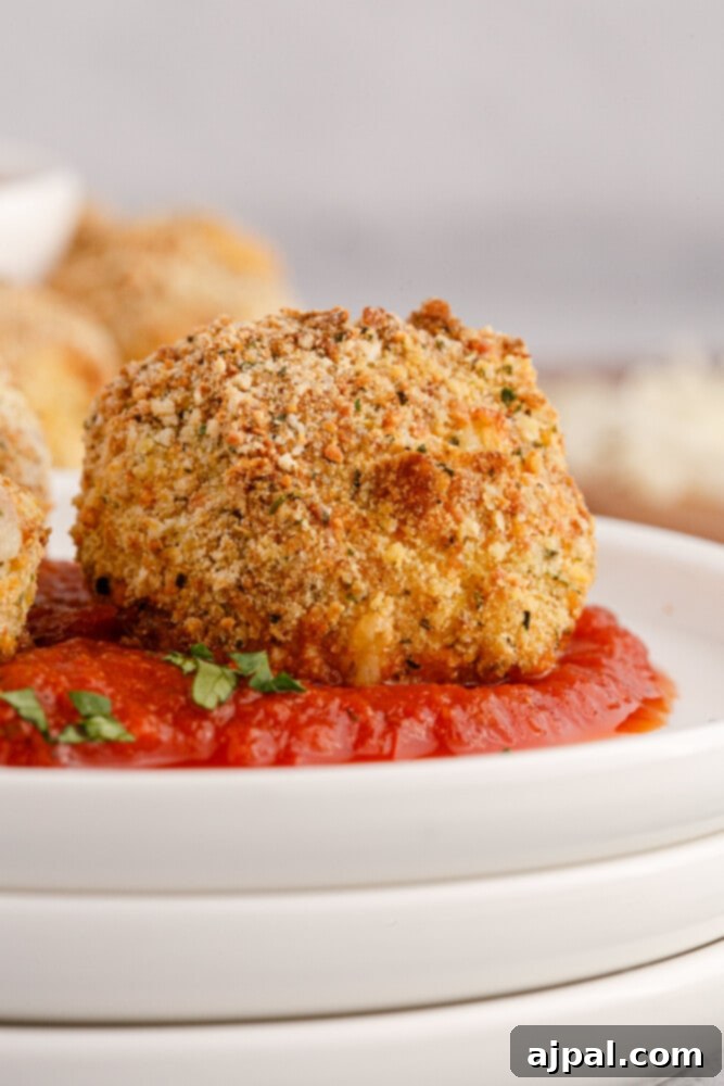picture of air fryer arancini ball on a plate with sauce